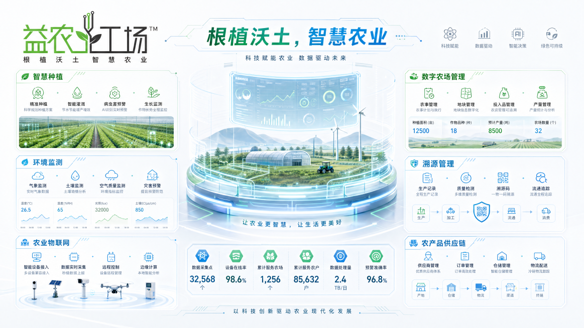 浅色背景的科技感智慧农业看板，左上角保留益农工场LOGO，浅底搭配淡蓝色和绿色科技线条、发光数据元素，现代简约未来科技风格，清晰展示业务分区，保留品牌slogan"根植沃土，智慧农业"预览效果