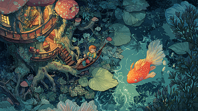 Close-up, detailed view of a magical ecosystem. A tiny, curious fish with a visible glowing spine swims up to the leaf-boat, illuminating the determined face of the pajama-clad explorer. In the background, the majestic treehouse is revealed: its balcony is a giant toadstool, lit from within, and its railings are twined with gentle, pulsing vines. A family of glowing raccoons peek from a root doorway. The style is a mix of scientific illustration wonder and fairy-tale warmth, with a focus on the symbiotic light of all living things in the scene.