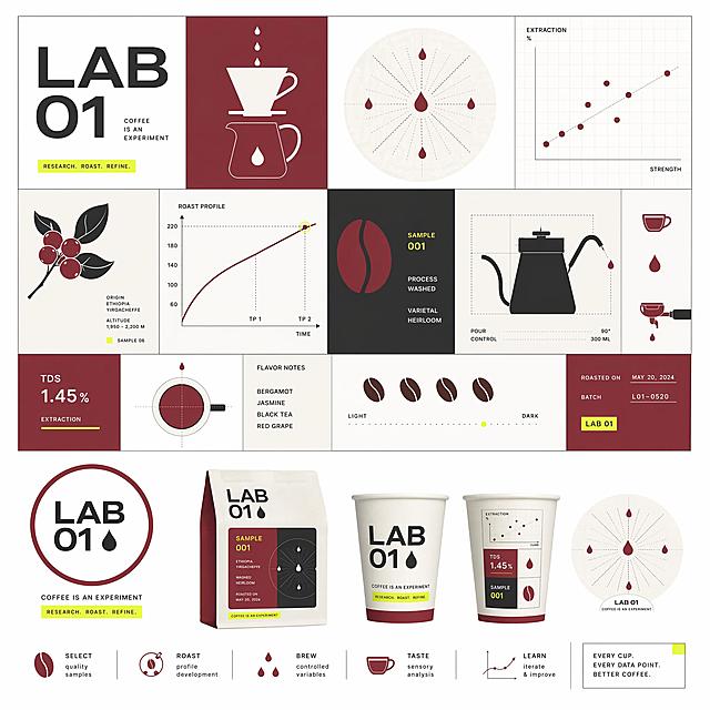Alternative flat vector brand illustration for specialty coffee brand LAB 01, theme "Coffee is an Experiment". Creative combination of specialty coffee culture and research lab visual language, visual system expressing curiosity, discovery, exploration. Key symbolic elements: coffee beans as lab samples, coffee droplets as data points, filter paper as scientific diagram, includes drippers, kettles, espresso cups, coffee cherries, roasting curves, coordinate grids, labels, geometric modular layout. All elements coffee-focused, no chemical/biology lab equipment. Modern flat vector, Swiss graphic design style, clean geometric composition, clean lines, minimal details, large negative space, premium contemporary museum branding aesthetic. Color palette: wine red #7E2F3E, cream #F5F1EB, graphite #303030, small fluorescent yellow #E9FF4B accents, balanced elegant colors. Complete brand identity graphic suitable for coffee packaging, cups, posters and merchandise, clean vector art, isolated on white background.