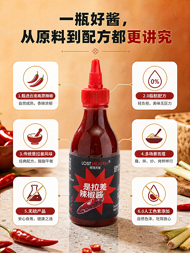 [商品] 使用【图3】中的是拉差辣椒酱瓶身；保留红色尖嘴盖、透明瓶身、红色辣椒酱液体、瓶身标签的整体设计（黑色底、红色爆炸形图案、辣椒图案、LOST HEAVEN英文字样、标签上的其他文字和图案）；仅将标签上的"花马天堂"中文字样修改为"椰香天堂"，字体风格、大小、位置保持一致，不得出现乱码。
[画面] 保留原图3的全部构图、场景、周围6个卖点图标卡片的环形布局、辣椒原料道具、香茅、石桌背景、顶部大标题的位置与版式；仅修改文字内容。
[视觉] 套系策略：风格=暖调原料美食商业摄影；标题字=粗黑体；正文字=常规黑体；主色=暖橙红；背景延展=暖橙色渐变背景+石质台面；强调色=正红；标题色=黑红渐变；正文色=深灰/白色；组件=白色圆角卖点卡、金色引线、红色底条；光影=暖调自然光。
[文字] 顶部大标题"一瓶好酱，从原料到配方都更讲究"保持不变；6个卖点卡片文字"1.甄选云南高原辣椒、2.0脂肪配方、3.传统是拉差风味、4.多场景百搭、5.无硫产品、6.0人工色素添加"及下方说明文字保持不变；所有出现"花马天堂"的地方全部改为"椰香天堂"。
[规格] 保持原图比例，4K分辨率，负向提示：避免瓶身变形、标签文字乱码、logo错误、颜色改变、文字模糊、出现花马天堂字样。