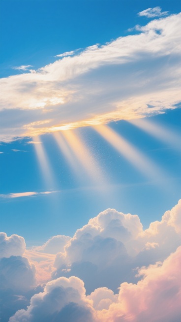 广角镜头航拍，70%画面被澄净如洗的湛蓝天空占据，卷云与积云在高空形成精妙的层次结构，正午阳光穿透云层形成六道清晰可辨的金色光束，光束中悬浮着肉眼可见的细密尘埃微粒。下方30%是形态饱满的白色积云群，云顶边缘被阳光镀上渐变的粉金色光晕，云底则呈现柔和的灰蓝色阴影过渡。整体色调以钴蓝与象牙白为主导，光束呈现温暖的琥珀色渐变，色彩过渡自然柔和。8K超高清分辨率，写实摄影质感，使用偏振镜消除眩光，展……预览效果