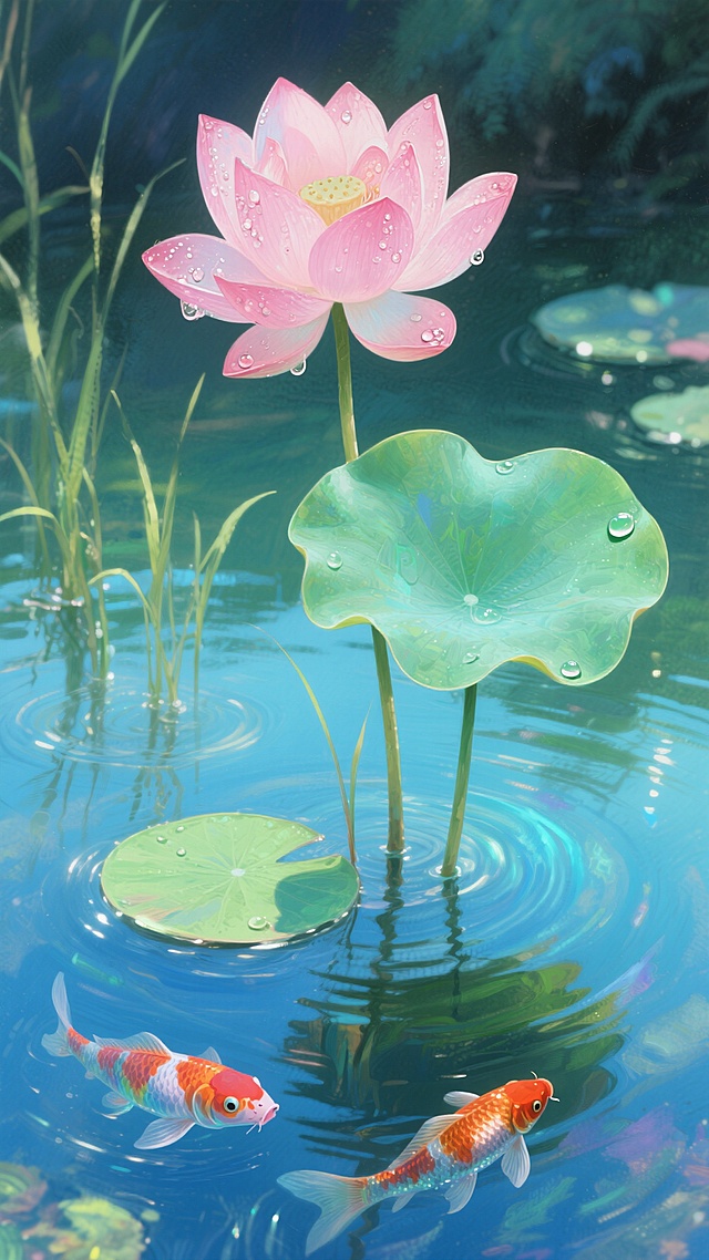 一朵荷花，几棵水草，两片高低错落的荷叶，酞青蓝色酞青绿色的湖水，2条锦鲤在水里游来游去，隐没在水中若隐若现