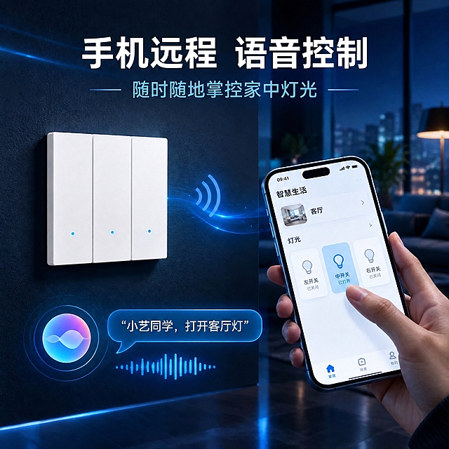 将左侧白色三开智能开关的整体亮度提高，让产品更白更亮，表面呈现干净明亮的白色哑光磨砂质感，不过曝、不发灰、不偏色；三个按键结构、指示灯、开关的大小、位置、安装角度完全保持不变；背景、手机、人物手部、无线信号光效、语音波纹、所有文案、图标等所有其他元素完全保持不变，只提亮开关产品本身的亮度和白度