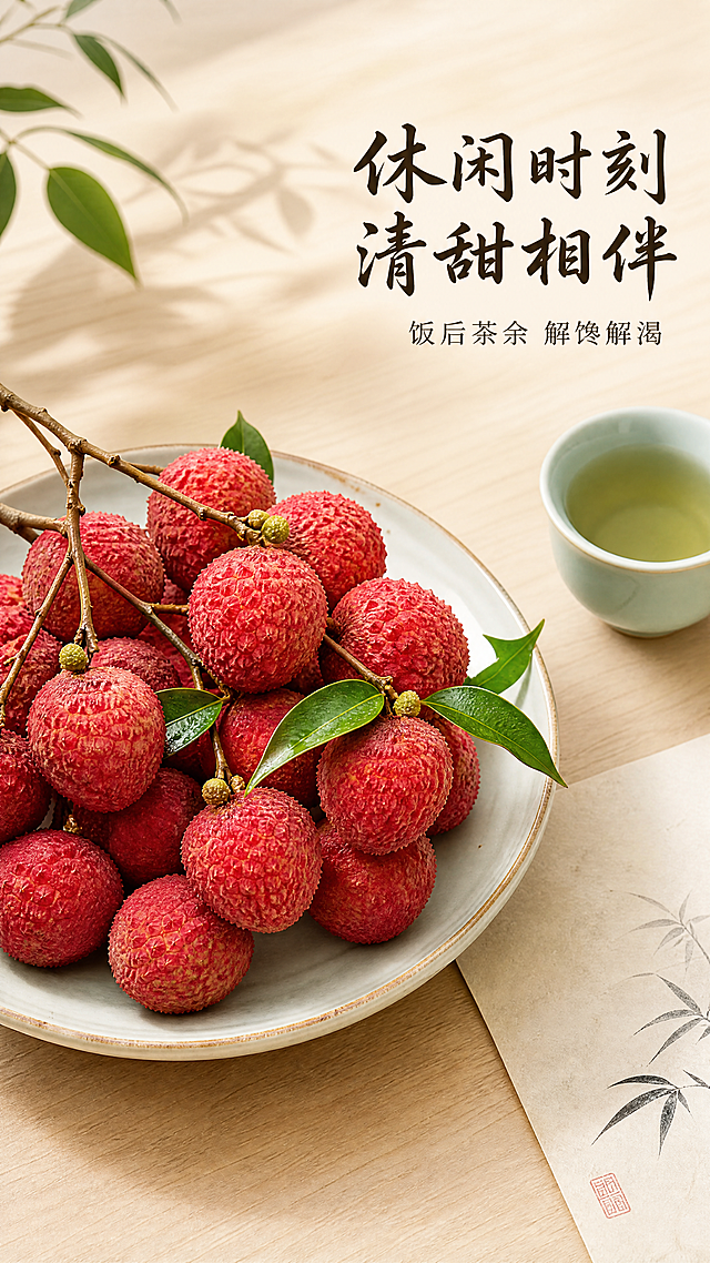 [第5屏] 桂味荔枝日常食用分享场景展示屏。
[氛围/风格] 高端新中式国风，清新生活氛围感，自然治愈，商业摄影质感。
[元素布局] 本屏使用【图1】荔枝作为主体，展示放在中式陶瓷白盘里的桂味荔枝，旁边搭配青瓷茶杯和宣纸，营造中式品茶尝果的休闲场景，荔枝占画面50%-60%，文字放在画面右上区域，底部留白1厘米。背景为浅木色桌面，整体干净雅致。
[光影质感] 窗户自然光，柔和均匀，突出荔枝新鲜红色和陶瓷温润质感，整体光影通透。
[配色色系] 全局底色：#F7F3E9（浅米宣纸色）；主体配色：荔枝红色#E63946、陶瓷白色#FFFFFF、青瓷青色#A8DADC、木色#D2B48C；辅助色：文字深棕#2B2B2B。
[视角构图] 45度斜俯视，场景式构图，荔枝和餐具布局自然错落，竖向9:16。
[文字版式] 右上主标题「休闲时刻 清甜相伴」，小字副标题「饭后茶余 解馋解渴」，沿用全套字体规范：温润书法标题+宋体正文，字色仅深棕深灰，纯色填充，文字不遮挡荔枝主体。底部留白1厘米。
[比例分辨率] 9:16竖版比例，4K分辨率，文字清晰可辨，超高清。
[负向提示词] 荔枝变形，餐具凌乱，场景杂乱，颜色偏差，文字错乱，不新鲜。