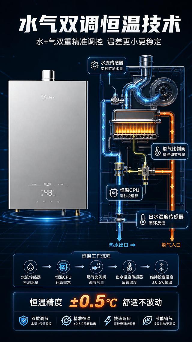 [第4张] 详情页核心技术解析-水气双调恒温系统原理示意。本张使用【图1】作为产品主体，配合内部结构示意。
[氛围/风格] 科技解析风，剖面/系统路径可视化，专业严谨，深蓝色科技感，商业渲染质感。
[元素布局] 产品机身置于画面左侧，占比约40%，正面展示银色外观；右侧为水气双调系统原理示意图，用线条和箭头展示水流路径、燃气路径、传感器位置、比例阀调节过程；有水流传感器、燃气比例阀、恒温CPU、出水温度传感器等部件标注；背景为深蓝色科技感背景，有发光线条和数据光点装饰。
[光影质感] 暗调科技光效，产品正面有主光照亮，原理示意图用发光线条和蓝白色光效表现，整体有科技感和未来感。
[配色色系] 全局底色 #1A252F 深蓝黑；主色科技蓝 #3498DB；辅助色青色 #00D4FF、橙色 #FF6B35、白色文字。
[视角构图] 左右分栏构图，左产品右原理图，阅读动线从左到右，产品 → 原理路径 → 文字说明。
[文字版式] 顶部主标题「水气双调恒温技术」8字加粗居中，白色大字；副标题「水+气双重精准调控 温差更小更稳定」14字居下；右侧原理图旁有4个标注点：「水流传感器 实时监测水量」「燃气比例阀 精准调节气量」「恒温CPU 毫秒级运算」「出水温度传感器 闭环反馈」；每个标注用发光线条指向对应位置；底部有结论条「恒温精度 ±0.5℃ 舒适不波动」，橙色高亮；文字清晰，科技感字体。
[比例分辨率] 9:16 竖版比例，4K 分辨率，文字清晰可辨，高清画质。
[负向提示词] 产品变形，结构错误，水印，文字错乱，文字过小，原理图模糊，拼多多logo/平台标识。