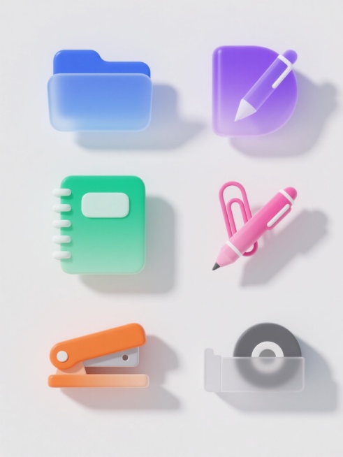 一系列6个办公用具图标，每个图标均采用相同的圆润几何造型，具有光滑的渐变色彩过渡和柔和的高光阴影效果，保持简约现代的设计风格。图标内容分别为：蓝色渐变的文件夹、绿色渐变的笔记本、紫色渐变的钢笔、粉色渐变的回形针、橙色渐变的订书机、灰色渐变的胶带座，所有图标在纯白色背景上整齐排列，形成统一且富有视觉吸引力的办公文具系列素材集合。预览效果