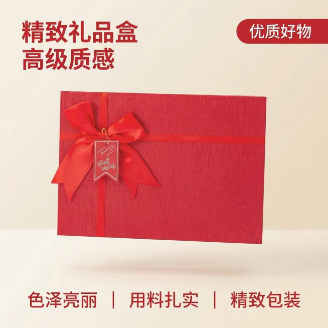 基于原图的红色丝带礼品盒生成淘宝主图首图，保持礼品盒外观和原图100%一致。风格为高级干净质感，礼品盒居中悬浮放置于纯净浅色渐变背景，光影细腻柔和突出质感，左上角悬浮主文案 "精致礼品盒 高级质感"，预览效果