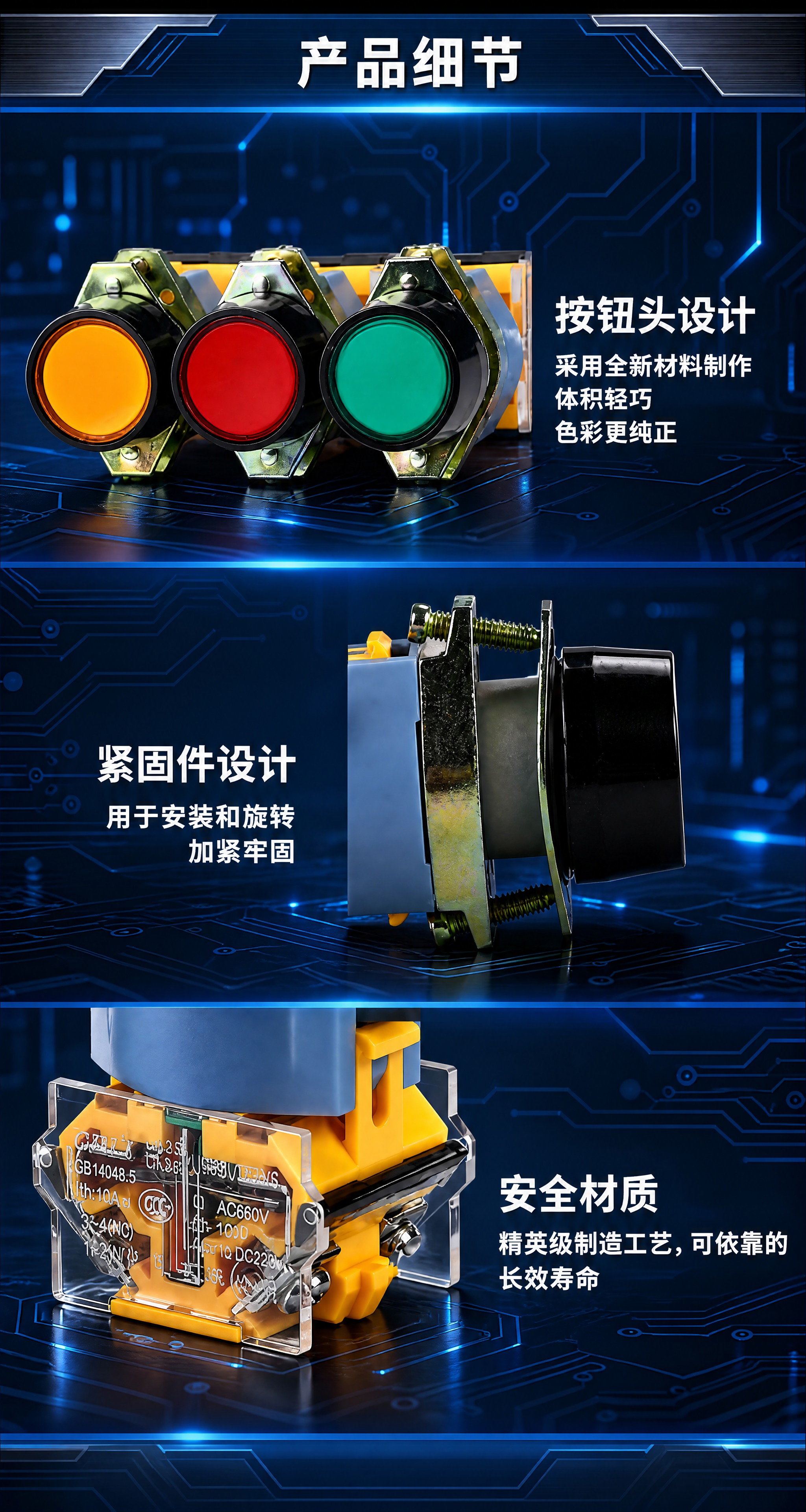 基于上传的产品细节图进行修改： 1. 整体背景替换为深蓝色工业… - 图片创意预览