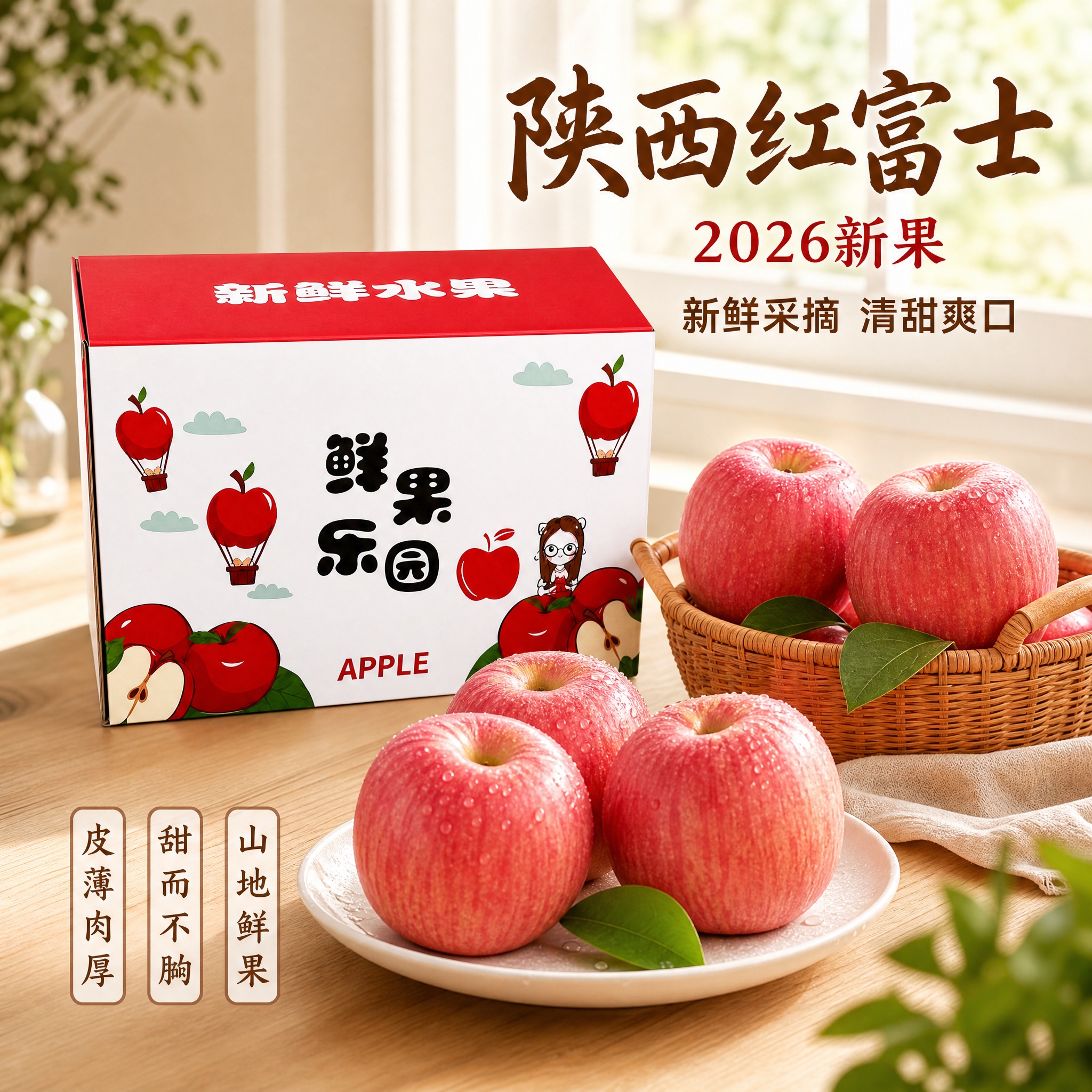 [主图-2] 日式浅木桌面款陕西红富士苹果主图，营造温暖日式清… - 图片创意预览