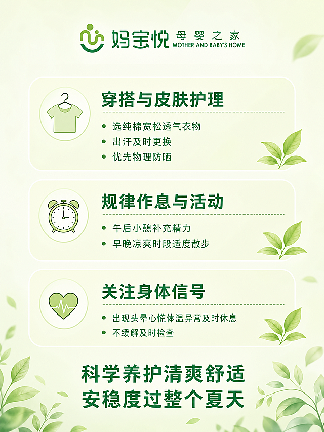 [主图-3] 夏季孕期防暑养护总结科普页，穿搭护理+作息活动+异常应对板块
[氛围风格] 清新自然夏日母婴科普风，清爽干净、原生感强
[画质] 商业设计质感、色彩柔和通透、文字清晰锐利、画面干净高级
[元素] 画面顶部居中放置妈宝悦母婴之家logo，保持logo大小一致、字形和配色和参考图完全一致不变形；背景为嫩绿色渐变，画面分为三个内容板块，板块圆角浅绿底；上板块主题：穿搭与皮肤护理，内容：选纯棉宽松透气衣物，出汗及时更换，优先物理防晒；中板块主题：规律作息与活动，内容：午后小憩补充精力，早晚凉爽时段适度散步；下板块主题：关注身体信号，内容：出现头晕心慌体温异常及时休息，不缓解及时检查；板块底部收尾文案：科学养护清爽舒适 安稳度过整个夏天；板块搭配简约小绿叶装饰点缀，排版舒朗，文字清晰不拥挤
[光影] 明亮柔和的自然光，均匀分布，没有生硬阴影，整体通透干净
[配色] 主色调参考提供的色卡，采用深绿+浅绿+嫩绿色渐变配色，和logo颜色统一协调，背景浅嫩绿色，标题深绿色，文字中绿色，对比清晰
[视角构图] 平视垂直排版，满屏无边框，构图整齐，板块分区清晰
[文字版式] 顶部logo居中，每个板块大标题加粗，内容文字缩小，行间距宽松，收尾文案放大加粗居中，所有文字清晰可读，排版整齐，不会互相遮挡
[比例分辨率] 3:4 比例，4k 分辨率，文字清晰可辨，超高清
[负向提示词] 变形，水印，文字错乱，产品图模糊，背景杂乱，颜色偏差，logo变形