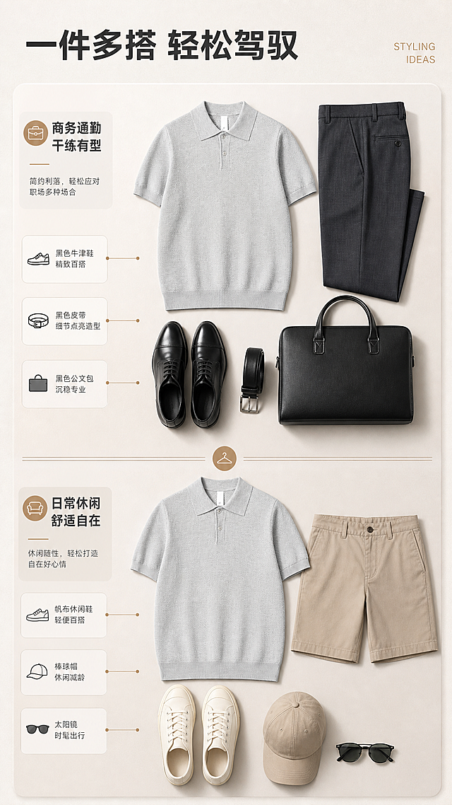 [商品] 使用【图1】男士浅灰色针织短袖Polo衫；商品处理：保留翻领、两粒扣门襟、短袖、罗纹下摆、针织肌理、浅灰色和整体版型；自然去除衣身杂乱褶皱，理顺垂坠，增强针织纹理、缝线和纽扣质感，不改变版型和结构。
[画面] 目标为搭配灵感页，展示多场景穿搭组合。采用上下分栏构图，上方为产品搭配西裤的商务通勤造型平铺展示，旁边有皮鞋、皮带、公文包等配饰；下方为产品搭配休闲短裤的日常休闲造型平铺展示，旁边有帆布鞋、棒球帽、太阳镜等配饰。中间有分隔线和标题。
[视觉] 套系策略：风格=轻熟通勤高级商业摄影；标题字=现代无衬线粗体；正文字=简洁无衬线体；主色=浅灰米杏；背景延展=基于浅灰米杏做深浅层级、同色渐变和细腻织物/纸张质感；强调色=暖驼色，仅用于小面积图标、引线和标签；标题色=深炭灰；正文色=中暖灰；组件=圆角浅底信息卡、细线引线；光影=左前侧暖柔光。
[文字] 顶部放主标题「一件多搭 轻松驾驭」，上方造型标注「商务通勤 干练有型」，下方造型标注「日常休闲 舒适自在」。右侧可加小号英文装饰「STYLING IDEAS」。文字横向排版。
[规格] 图片比例9:16竖版，2K分辨率，避免变形、错字、文字过小、冷蓝背景、衣服颜色改变、版型失真、白底孤立。