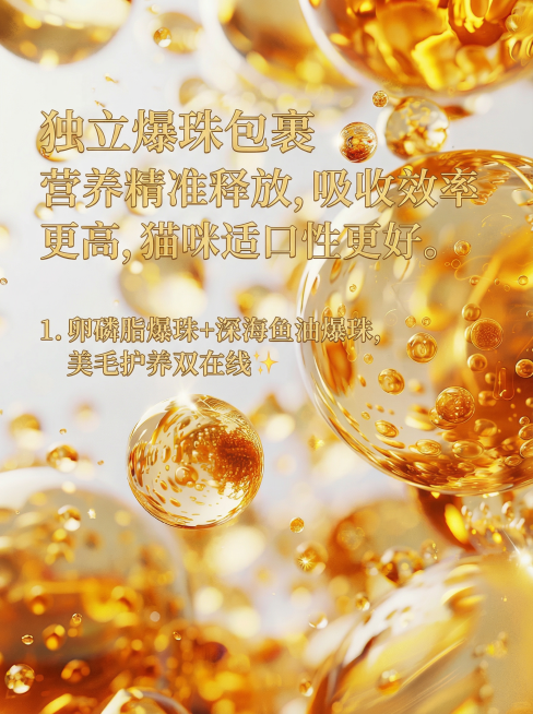 独立爆珠包裹 营养精准释放   ，吸收效率更高，猫咪适口性更好。
1. 卵磷脂爆珠+深海鱼油爆珠，美毛护养双在线✨
生成朋友圈图文预览效果