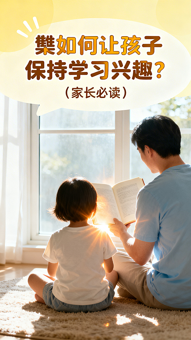 家庭教育公众号首图，主题为如何让孩子保持学习兴趣，家长必读，温馨明亮的教育风格，有温暖阳光和打开的书本，可爱孩子背影，亲子陪伴元素，顶部有醒目标题文字：📢如何让孩子保持学习兴趣？（家长必读），风格更活泼清新一些
