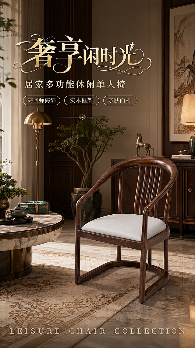 [第1张] 详情页头图-居家多功能休闲单人椅（真皮款）奢华客厅主视觉海报。本张使用【图1】中的单人椅作为商品主体，保持椅子的实木框架、浅灰色真皮坐垫、竖条靠背、弧形扶手的物理结构、比例轮廓、材质质感、颜色完全一致，禁止变形。
[氛围/风格] 高级奢华新中式客厅场景，商业摄影质感，暖调自然光，精致软装搭配，大气典雅。
[元素布局] 单人椅置于画面右侧中央偏下位置，占比约55%-60%；左侧为奢华客厅空间，包含大理石茶几、金属质感落地灯、艺术装饰画、高档地毯、绿植盆栽、精致摆件等至少5种软装元素；背景为深木色护墙板与暖米色墙面，地面为大理石纹理；椅子物理结构、比例、颜色、材质与输入产品图完全一致。
[光影质感] 左上方柔和自然光为主光源，右侧暖光辅助照明，椅子底部自然投影，明暗层次丰富，木质纹理与真皮质感清晰。
[配色色系] 全局底色暖米棕调；主色深胡桃木色+浅灰真皮；辅助色金属金、米白、墨绿点缀。
[视角构图] 45°斜侧视角，微仰视，产品为视觉中心，阅读动线左上标题 → 右侧产品 → 底部信息条。
[文字版式] 左上标题区，主标题用花样艺术字「奢享闲时光」，字体有装饰性花体设计，金色描边；副标题「居家多功能休闲单人椅」，优雅宋体；下方3个胶囊标签「高回弹海绵」「实木框架」「亲肤面料」；底部英文装饰「LEISURE CHAIR COLLECTION」；文字不遮挡椅子主体。
[比例分辨率] 9:16竖版比例，4K分辨率，文字清晰可辨，高清画质。
[负向提示词] 椅子变形，结构错误，缺件错件，颜色偏差，人物出现，水印，文字错乱，产品模糊，背景杂乱，内部结构展示。