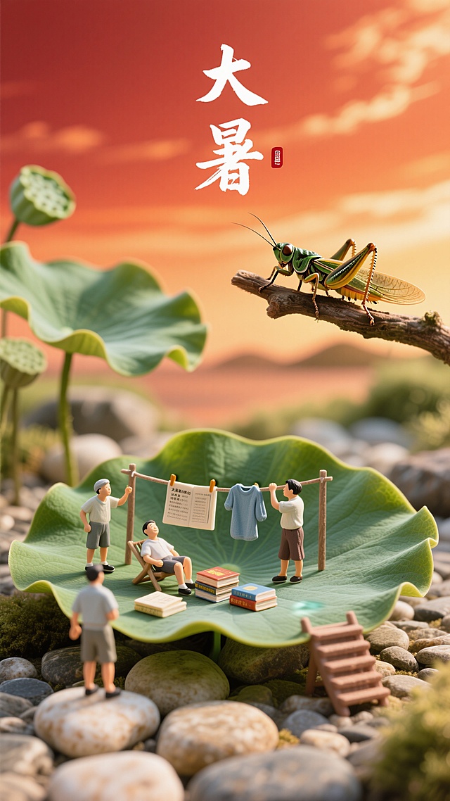 微缩风格大暑，缩小的人们在荷叶搭建的‘舞台’上晒伏（晾晒迷你书籍、衣物），脚下是放大的鹅卵石地面，远处有巨型蝉趴在树枝上，天空用橙红色渐变表现热浪，画面上方有‘大暑’手写体小字，光影像午后阳光