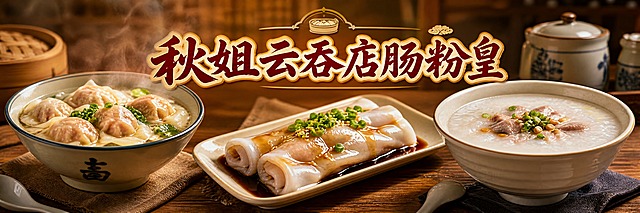 广式早餐店横幅海报，写真美食风格，画面从左到右依次展示：一碗热气腾腾的云吞、一碟晶莹透亮的肠粉、一碗香浓的白粥，食物摆放在木质桌面上，暖色调灯光，中间位置有醒目的店名"秋姐云吞店肠粉皇"，整体氛围温馨有食欲，食物摄影高清质感，长横幅构图，没有优惠字眼，没有地址电话