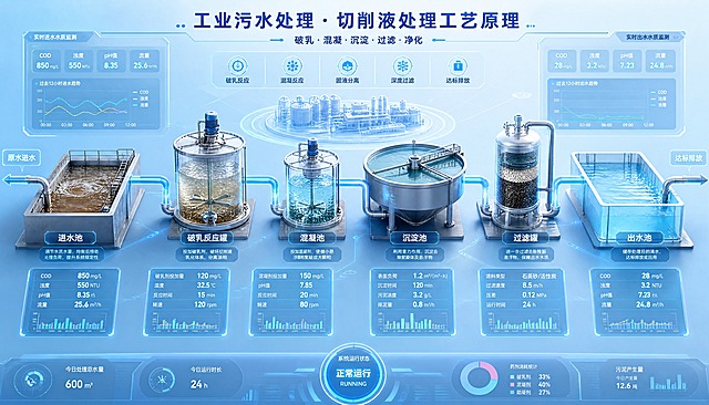 工业污水处理切削液工艺原理示意图，概念图，明亮浅蓝色系科技感风格。画面主体展示切削液破乳剂混凝沉淀的核心处理结构，包含完整的污水处理工艺流程节点：进水池、破乳反应罐、混凝池、沉淀池、过滤罐、出水池。用发光的蓝色线条和箭头清晰表示流体流向，每个工艺节点配有半透明数据可视化面板显示实时参数（如COD、浊度、流量、pH值等），周围环绕科技感UI元素、数据仪表盘、全息投影界面。背景为渐变浅蓝色，从浅天蓝到淡青色渐变，整体画面干净通透，专业工业科技感，高精度细节渲染，3D立体效果，光线柔和明亮，8K超清画质