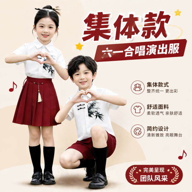 基于参考图片，制作一张简约吸睛的淘宝商品主图，主题为六一儿童大合唱集体演出服，保留原服装款式，简洁背景，突出产品，排版干净吸睛，添加醒目文字"集体款 六一合唱演出服"预览效果