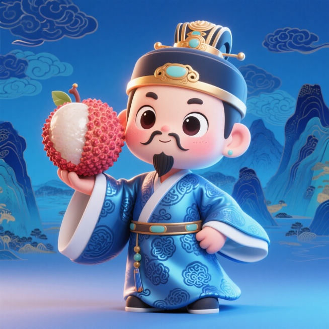 Q版全身的唐代皇帝（大眼睛、淡腮红，带有暗纹细节的冷蓝丝绸服装，只有连鬓胡），负重托举巨型荔枝的动态。背景用靛蓝渐变（带传统云纹暗纹+千里江山图）预览效果
