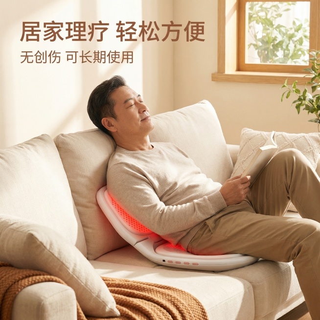 前列腺红光治疗仪居家使用场景展示，中年男性亚洲面孔坐在沙发上放松使用，产品放置正确，营造舒适放松的居家氛围，左上角标题"居家理疗 轻松方便"，文字介绍"无创伤 可长期使用"，背景为明亮干净客厅，暖调自预览效果