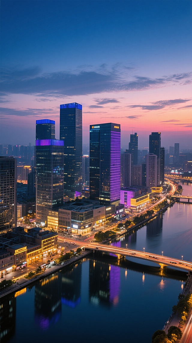 高角度俯瞰城市夜景，暮色四合的天空从上方的深蓝渐变为地平线处的橙粉霞光，点缀着几缕薄云。城市中心矗立着多栋现代化摩天大楼，建筑外立面呈现玻璃幕墙与钢结构的质感，部分楼宇顶部和侧面亮着蓝色、紫色等彩色灯光。楼群下方是繁华的商业区，众多中小建筑灯火通明，沿河流两岸分布，水面平静如镜，倒映着岸边建筑的璀璨灯光和桥上的车流轨迹。整体色调以深蓝、紫色为基底，搭配暖黄色的灯光和天边的橙粉色晚霞，营造出宁静而繁华的都市夜景氛围，光影层次丰富，细节清晰，具有写实的摄影质感和开阔的视野。