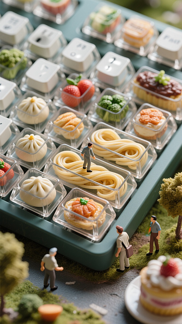 微缩艺术风3D设计，清新趣味感十足，模拟键盘上的美食世界，创意独特。