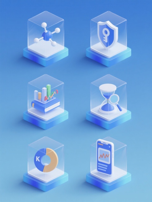 一套6个不同造型的同系列UI素材集合，采用3D等距投影风格，每个元素被封装在具有透明玻璃质感的立方体容器中，容器底部有蓝色渐变基座，整体运用平滑渐变色彩和简洁线条的现代感设计语言，画面背景为非蓝色系的纯色，立方体容器内分别包含分子结构、带钥匙的盾牌、书本、柱状图表、带放大镜的折线图、饼图、沙漏、K线图、手机界面等完全不同造型的金融科技相关元素，所有元素规整地以3行2列的网格布局排列，视觉层级清……预览效果