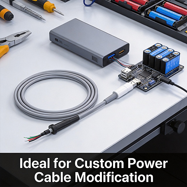 [Re-generated Scenario 2] Power cable modification scenario. Keep original product appearance. Show this USB-C bare wire cable being used to modify a portable power bank project, connected to the battery management system. Clean workbench with tools. Add text "Ideal for Custom Power Cable Modification" at bottom. All text in English. 1:1 square.