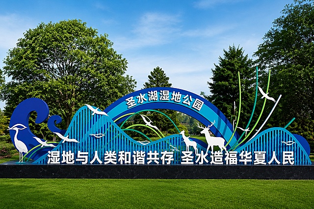 参考图片风格，重新生成画面内容「图片1」，文字为湿地与人类和谐共存 圣水造福华夏人民，底座换成黑色，底座上加白鹭和鹿的造型，在圆弧上方写文字圣水湖湿地公园