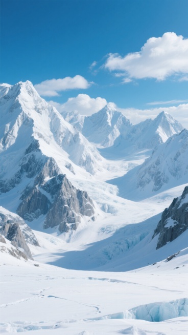 超写实风格雪山风景，壮丽的雪山群峰覆盖着厚厚的积雪，山体岩石纹理清晰可见，山脚下是广阔无垠的雪原，雪地表面有自然形成的起伏和冰裂纹理，天空湛蓝，飘着几朵洁白的云彩，阳光照射下雪山呈现出明亮的高光和深邃的阴影，整体画面纯净、宁静、气势恢宏，具有极强的空间纵深感和立体感，高清晰度，细节丰富，光影效果逼真。预览效果