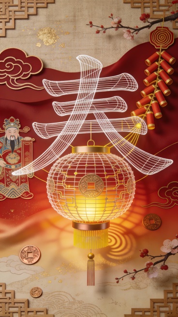 用动态线条交织传统纹理，演绎现代视觉下的春节温度。以飞白书法线条构建「春」字骨架，拓扑曲线编织灯笼结构，矢量线条从鞭炮延伸为祥云参数化图案。底层铺陈宣纸肌理与榫卯暗纹，中层叠合剪纸投影与丝帛光泽，主色预览效果