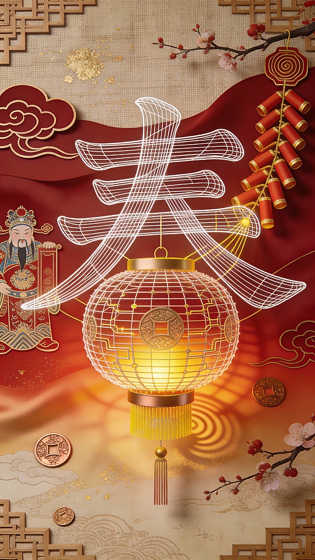 国潮风融合描边与剪纸元素，大字“春”以线框呈现，搭配鎏金灯笼与传统纹样，营造喜庆祥和的中式古典氛围。