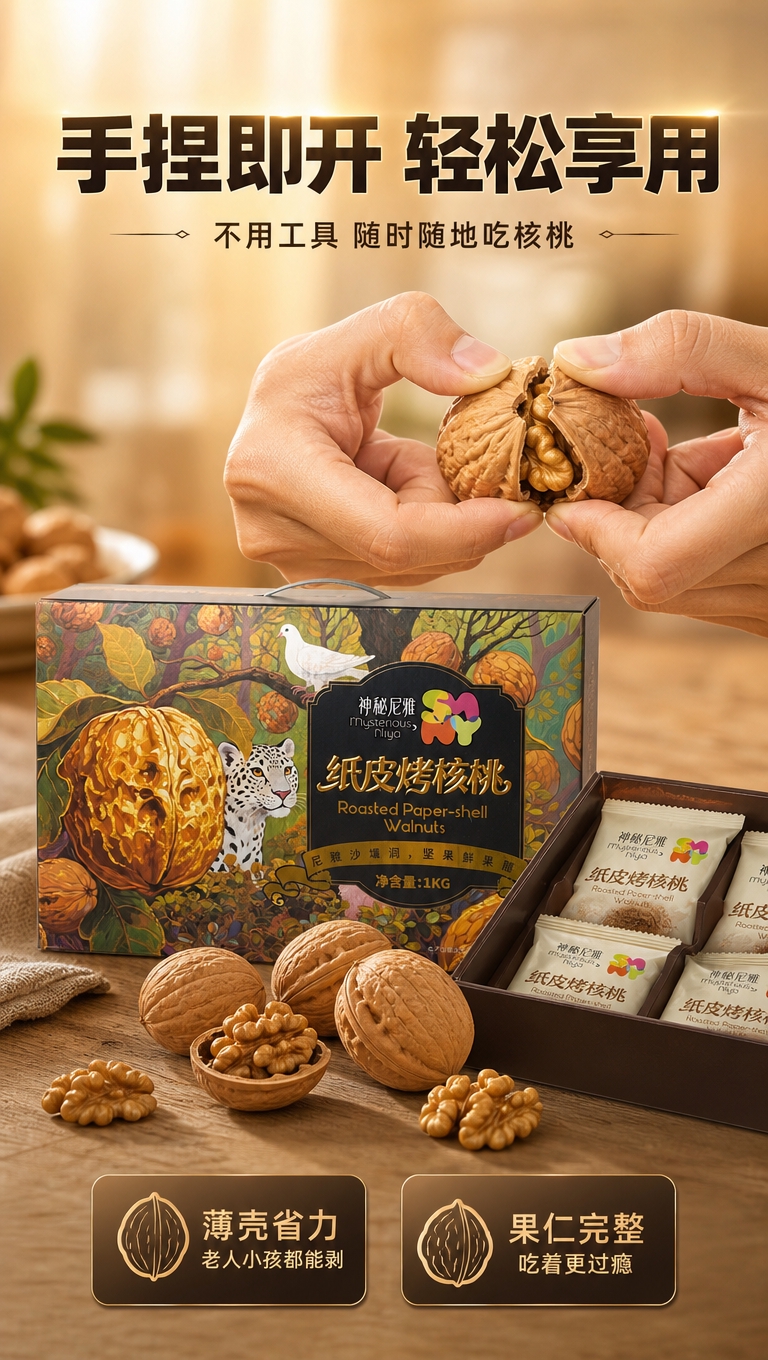 [商品] 使用【图2】神秘尼雅纸皮烤核桃礼盒正面图；保留礼盒全… - 图片创意预览