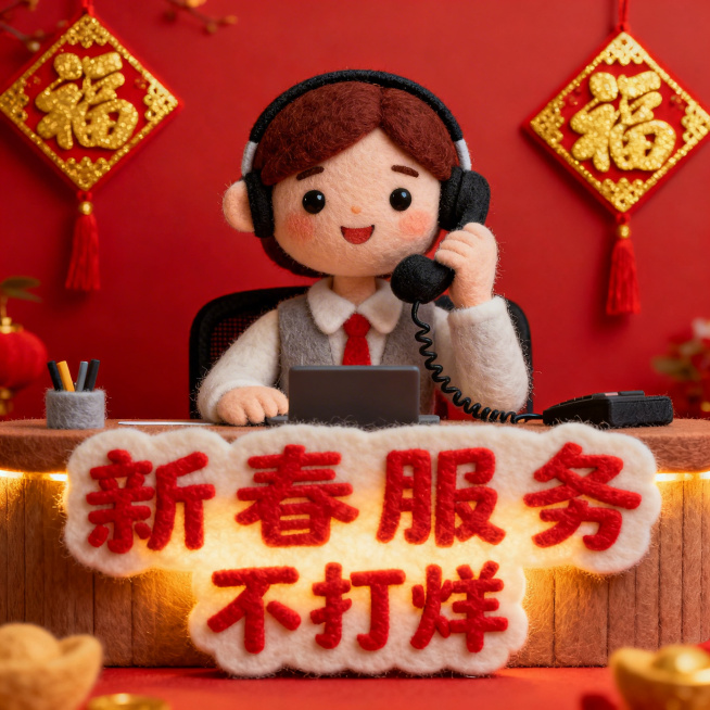 毛毡风格，春节期间，客服人员在客服台值守，电话沟通，台面前有新春服务不打烊字样预览效果