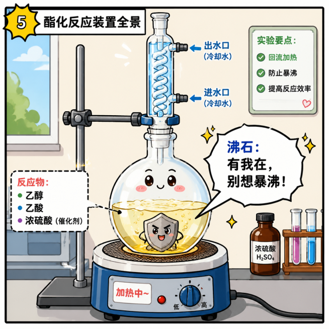 卡通分镜漫画第五格：酯化反应装置全景，圆底烧瓶搭配回流冷凝管，沸石像小盾牌一样待在瓶底，配文沸石："有我在，别想暴沸！"，风格为可爱科普漫画，线条清晰，色彩明亮预览效果
