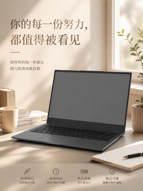 基于这张笔记本电脑产品图，生成一张情感风格的电商海报，营造陪伴、高效成就自我的氛围感，简约氛围感设计，搭配文字"你的每一份努力，都值得被看见"，温暖高级质感预览效果