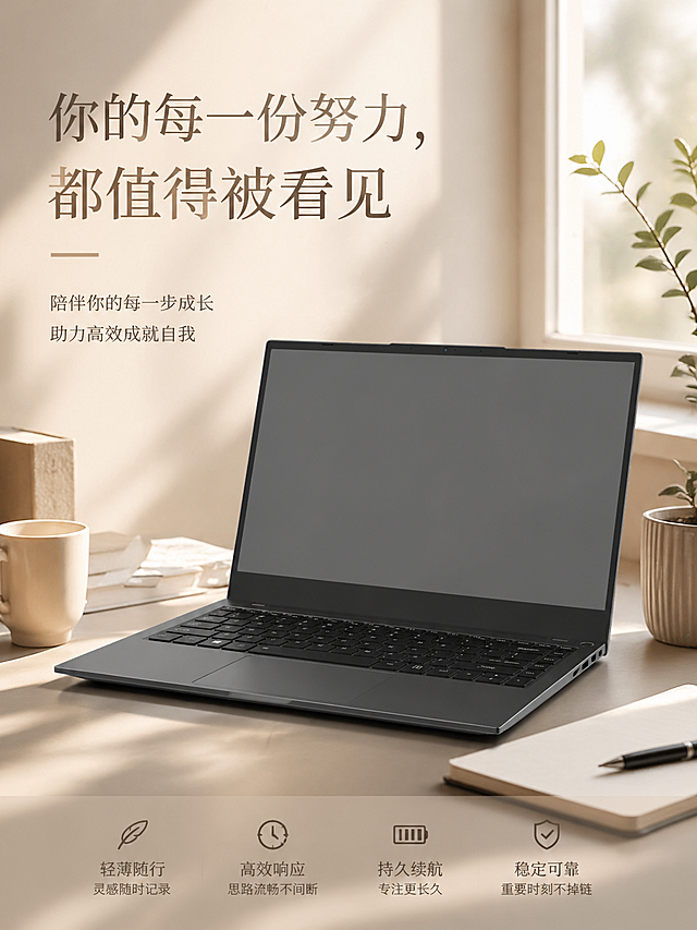 基于这张笔记本电脑产品图，生成一张情感风格的电商海报，营造陪伴、高效成就自我的氛围感，简约氛围感设计，搭配文字"你的每一份努力，都值得被看见"，温暖高级质感