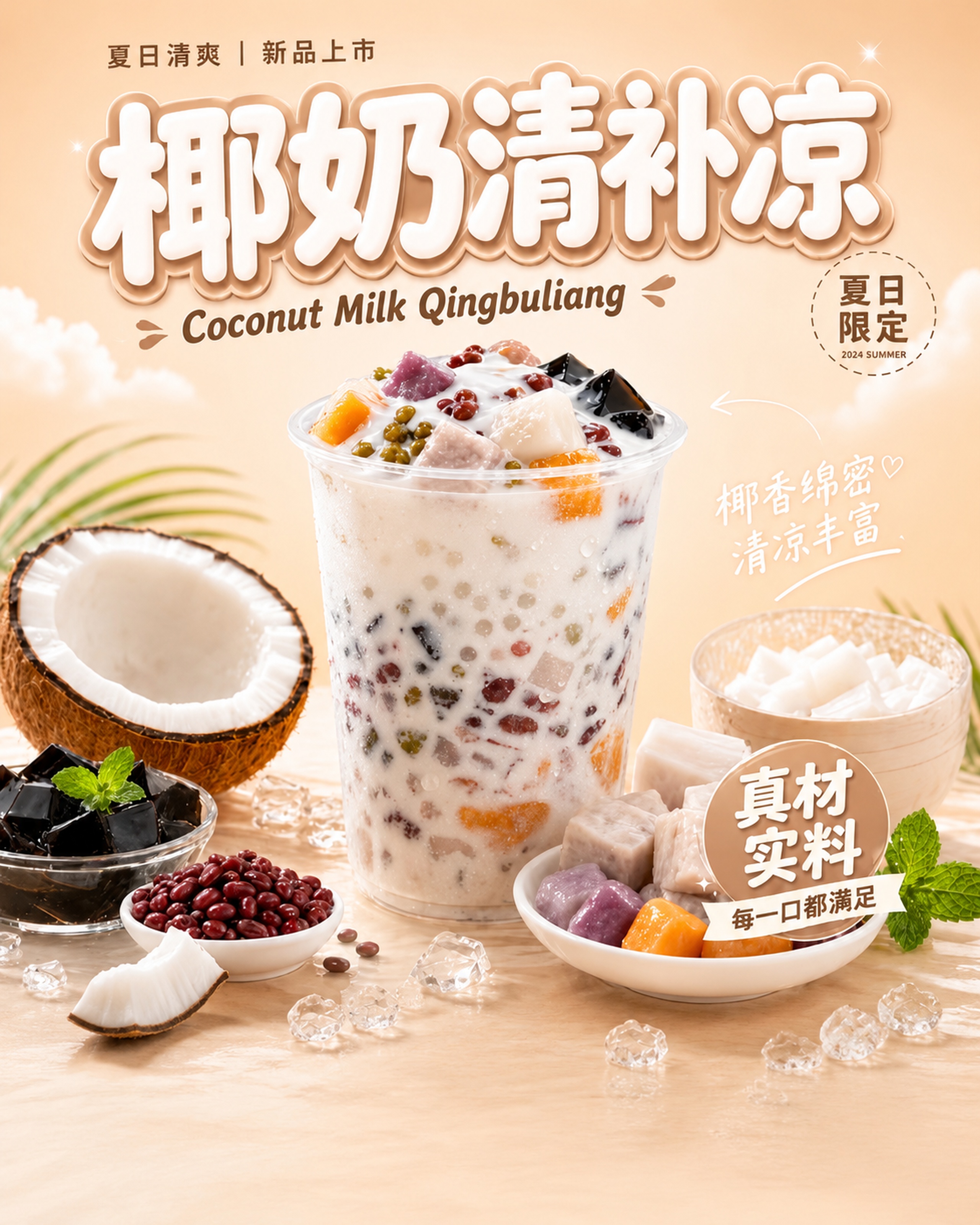 生成一模一样的椰奶清补凉饮品海报，保留所有文字内容：夏日清爽… - 图片创意预览