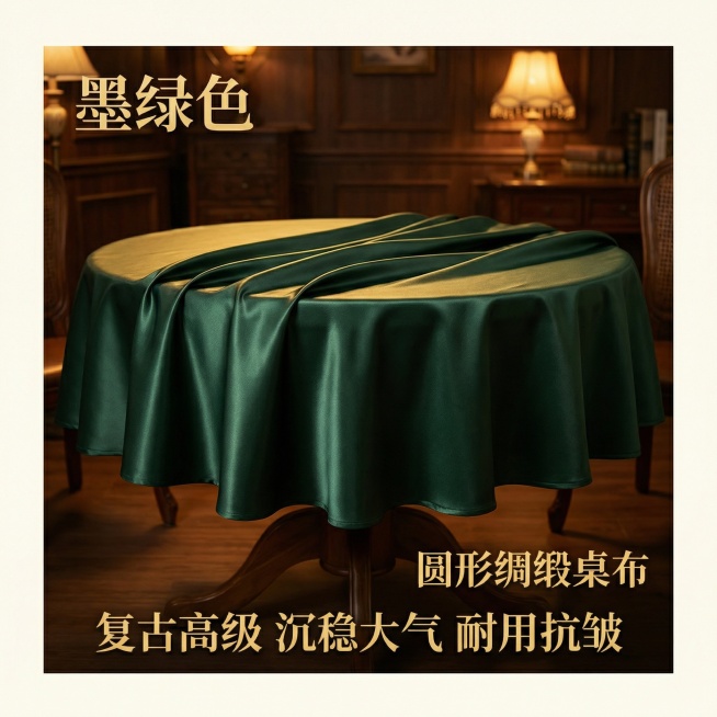 [1:1 SKU图 墨绿色圆形绸缎桌布]
[主图主题] 墨绿色圆形绸缎桌布
[氛围/风格] 复古高级，沉稳质感，暖调光影
[画面元素] 圆形餐桌铺设墨绿色绸缎桌布，自然垂坠，展示完整圆形形态，光泽沉稳预览效果
