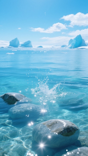 清澈见底的碧蓝海水漫过光滑的浅滩礁石，阳光穿透水面形成粼粼波光，飞溅的水珠在阳光折射下闪烁着细碎光点，远处海天相接处漂浮着几座巨大的冰山，天空中点缀着洁白的云朵，整体呈现出纯净通透的蓝色调，营造出清冷而宁静的极地海洋氛围，画面构图开阔，光影层次分明，具有高清晰的质感和细腻的水纹细节。预览效果
