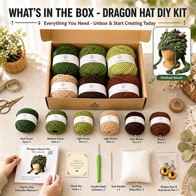 [主图-8 龙款DIY材料包] 主题：What's in the Box - Dragon Hat DIY Kit 材料包开箱清单。唯一任务：清晰展示买家收到的材料包全部内含物，明确是DIY套装，强调开箱即做。
[统一基调] 跨境亚马逊风格，温暖治愈的手工编织场景，原木色桌面+米白色棉麻桌布背景，英文无衬线粗体标题字色为深炭灰，辅助说明字色为暖棕色，强调色用森林绿点缀图标和分隔线。
[画面] 画面为开箱清单场景：原木色大桌面铺米白色亚麻布，画面上方是一个打开的牛皮纸盒，盒盖翻开，里面整齐摆放着龙款DIY材料包的毛线团。盒子前方用Knolling方式将每件配件平铺展开，包括：6-7团毛线（深绿、中绿、浅绿、浅棕、深棕等，圆团状）、绿色手柄钩针1支、金属缝合针1根、白色填充棉1包、透明袋装的黄色龙眼配件1对+小金属配件、纸质教程手册1本（封面印3D龙帽和"Dragon Hood Hat DIY Crochet Kit"字样）、小卡片。每件配件下方用细引线标注英文名称和数量。画面左下角有一双欧美女性的手正在拿起教程手册翻看，表现刚收到货的好奇与期待。右上角小图展示成品3D龙帽缩略图，标注"Finished Result"。桌面点缀藤编小篮、干花、复古剪刀、皮尺。背景是虚化的白色窗帘和绿植。产品配件占画面约70%。
[光影质感] 温暖柔和的窗边自然光，从左上方斜射，每件配件下方有自然柔和的接触阴影，毛线团形状圆滚滚蓬松真实，钩针绿色手柄有质感，手部动作自然。
[配色] 背景原木色+米白亚麻+绿植虚化，配件绿色系+棕色真实颜色，文字深灰+暖棕，强调色森林绿。
[文字版式] 顶部大标题："WHAT'S IN THE BOX - DRAGON HAT DIY KIT"；副标题："Everything You Need - Unbox & Start Creating Today"；配件名称用小号无衬线字体。
[输出要求] 1:1正方形，2048x2048，2K分辨率，文字清晰，配件排列整齐。负向：变形、错字、模糊、杂乱、水印、平台Logo、中文、悬浮、配件重叠、畸形手、灰色系、狼款元素、成品帽占比过大。