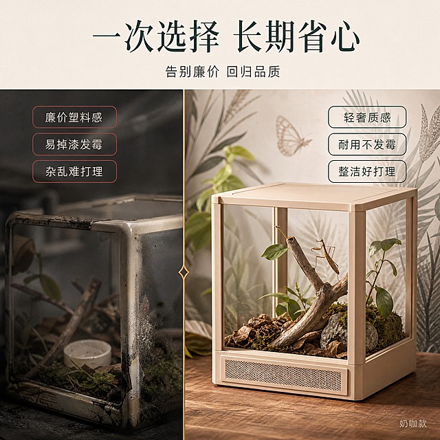 [主图-5] 品质对比图，主题为「告别廉价感 省心耐用长期款」，核心任务是突出产品高品质，对比传统廉价饲养箱的痛点：塑料感、掉漆发霉、造景杂乱。
[统一基调] 自然博物轻奢风，左右对比构图，左侧暗调痛点、右侧亮调品质，整体有冲击力但高级；主标题用纤细宋体，颜色为深墨绿色，辅助文字用深灰色细黑体，强调色为焦糖棕色；圆角细边卡片，整体文字占比约20%。
[画面] 画面采用左右对比构图：左侧约占40%，暗调处理，模糊展示传统廉价塑料饲养箱的痛点意象（模糊的泛黄塑料、边角掉漆、杂乱造景的暗示性画面，不出现具体竞品），配三个短句痛点标签：「廉价塑料感」「易掉漆发霉」「杂乱难打理」，标签用暗红色细边；右侧约占60%，明亮高级，放置奶咖款（奶茶色）螳螂饲养箱正面45度角，产品占右侧画面约70%，箱内造景干净整洁有质感，旁边放三个品质标签：「轻奢质感」「耐用不发霉」「整洁好打理」，标签用深墨绿色细边；画面顶部中央放主标题「一次选择 长期省心」，下方小字「告别廉价 回归品质」；右下角用极小字体标注款式名「奶咖款」；左右之间用一条细细的金色竖线分隔。
[光影质感] 商业摄影质感，右侧主产品区域光线明亮柔和，奶茶色框架呈现细腻温润的哑光质感，玻璃通透，箱内造景干净有层次；左侧痛点区域光线偏暗偏冷，形成鲜明对比；整体光影有设计感。
[配色] 左侧暗灰+暗红痛点色调，右侧奶咖+米白+深墨绿品质色调，顶部标题区米白底色，整体对比鲜明但和谐高级。
[文字版式] 主标题顶部居中宋体大号，辅助文字细黑体中号，标签圆角短词左右对称分布，文字清晰不遮挡产品主体。
[输出要求] 1:1正方形 2048×2048 2K分辨率，右侧产品外观结构与输入图完全一致，禁止变形、错字、模糊、水印、平台Logo；左侧痛点区域为暗示性表达，不出现具体品牌和竞品实物，不违反广告法；整体画面有设计感和高级感，禁止低俗夸张对比。