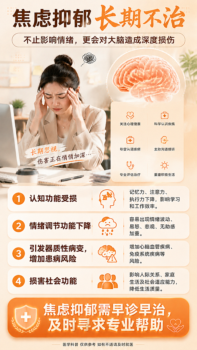 调整布局，将"认知功能受损、情绪调节功能下降、引发器质性病变、增加患病风险、损害社会功能"这些内容全部移到图片下方，并加大这些文字的字号，让它们醒目显示，保持暖色调、清新专业的医学科普风格，原场景和其他内容不变