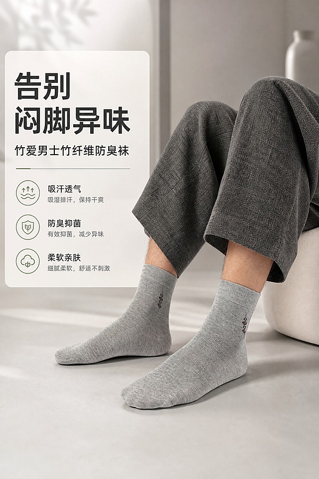 [商品] 使用【图1】浅灰色男士中筒竹纤维袜上脚图；商品处理：完整保留袜子的颜色、针织纹理、袜身菱形小标图案、袜口罗纹、袜跟形状、脚趾部位缝线和整体版型；自然理顺袜身褶皱，增强竹纤维针织面料的细腻纹理与高清质感，不改变袜子任何细节、材质和颜色。
[画面] 页面目标：痛点共鸣+产品首秀，左文右图竖版构图，男士坐姿下的双脚为主体，产品占画面约60%，前景干净地面、中景腿部与袜子、后景柔和虚化的浅灰调室内环境，营造高级通勤质感。
[视觉] 套系策略：风格=国内电商高级商业摄影，干净通透有质感；标题字=现代无衬线粗黑体；正文字=简洁无衬线体；主色=暖灰+竹青；背景延展=基于暖灰做深浅层级、同色渐变和细腻哑光质感；强调色=竹青绿，仅用于小面积图标、引线和重点词高亮；标题色=深炭灰；正文色=中暖灰；组件=圆角浅底信息卡、细线引线、小图标；光影=左前侧柔和自然光，阴影自然真实。
[文字] 左侧信息卡区域放主标题「告别闷脚异味」，副标题「竹爱男士竹纤维防臭袜」，下方3个短卖点：吸汗透气 / 防臭抑菌 / 柔软亲肤；文字横向排版，不遮挡袜子主体、袜口和袜跟。
[规格] 图片比例2:3竖版，2K分辨率，medium质量，避免变形、错字、文字过小、袜子颜色改变、纹理失真、冷蓝/蓝灰背景、绝对化用语。