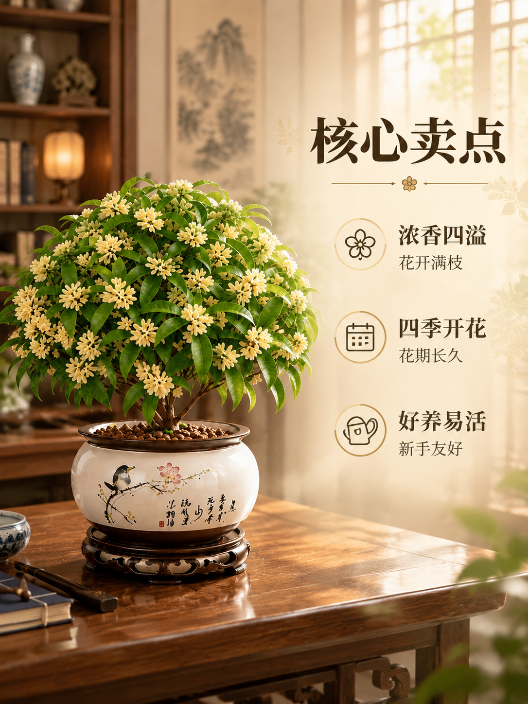[主图-2] 天香台阁桂花盆栽 卖点信息图 突出浓香开花与好养… - 图片创意预览