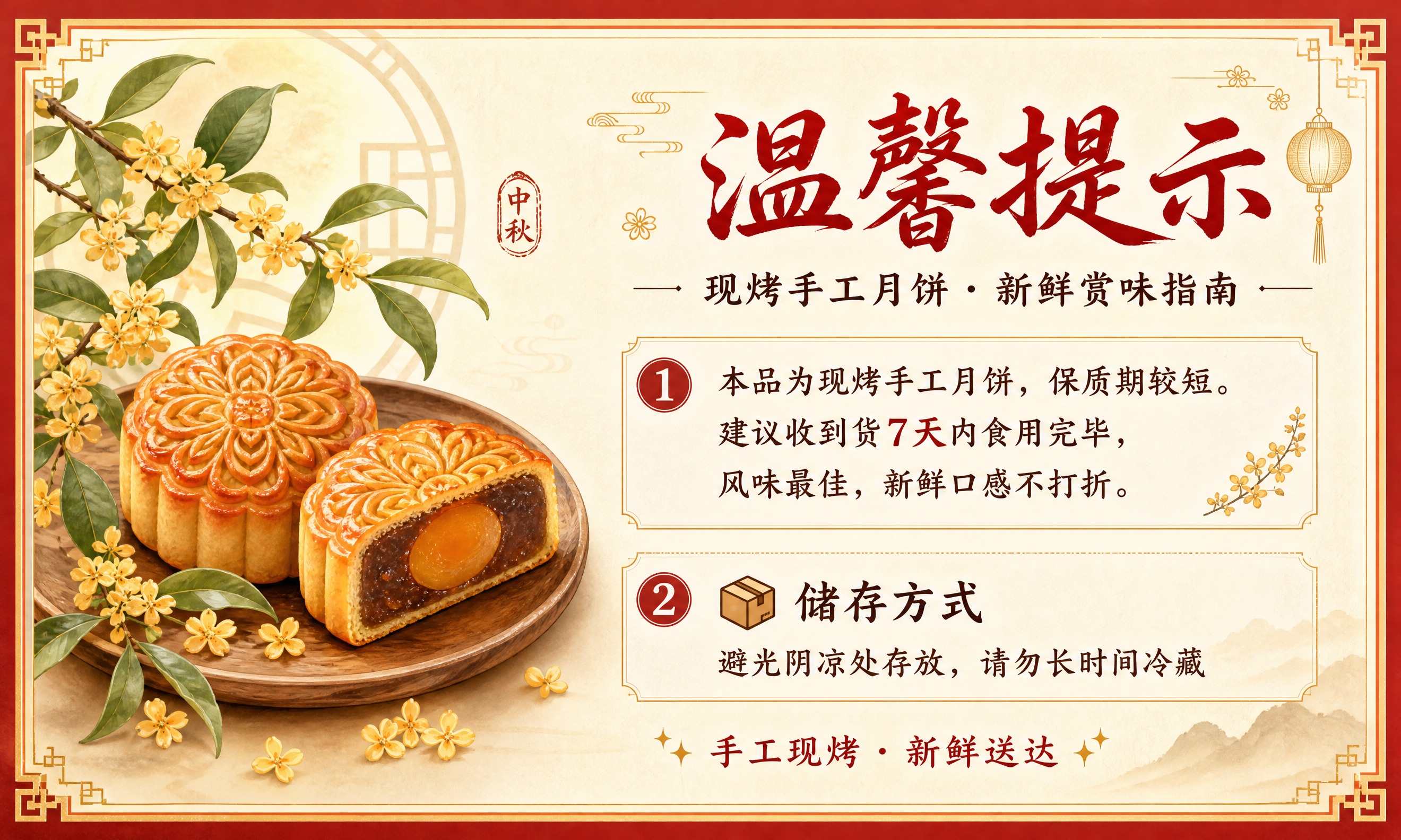 一张名片大小的横版温馨提示卡设计，国风新中式风格，月饼主题。暖… - 图片创意预览