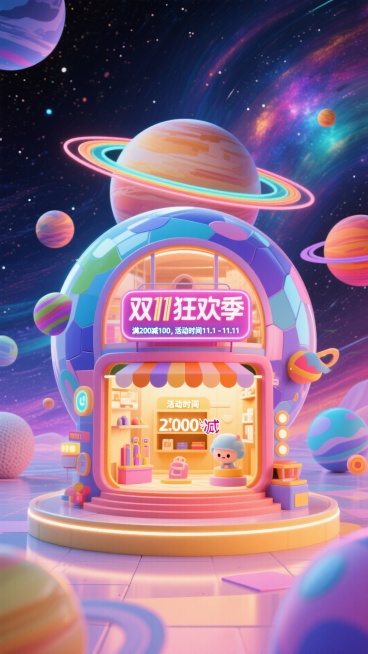 以广袤无垠的宇宙为背景色彩丰富，中央是图中主体巨大化，主体星球内设计成橱窗形式，星球有行星带，色彩惊艳。星球上挂着霓虹灯牌效果“双11狂欢季”小字内容“满200减100，活动时间11.1-11.11”预览效果