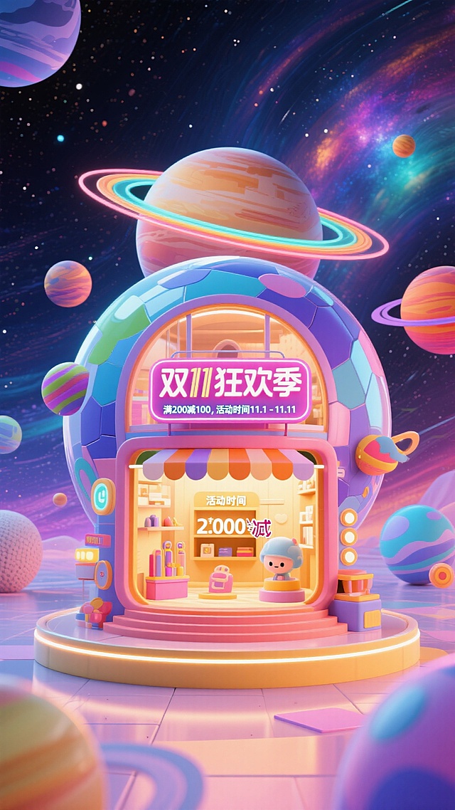 以广袤无垠的宇宙为背景色彩丰富，中央是图中主体巨大化，主体星球内设计成橱窗形式，星球有行星带，色彩惊艳。星球上挂着霓虹灯牌效果“双11狂欢季”小字内容“满200减100，活动时间11.1-11.11”。