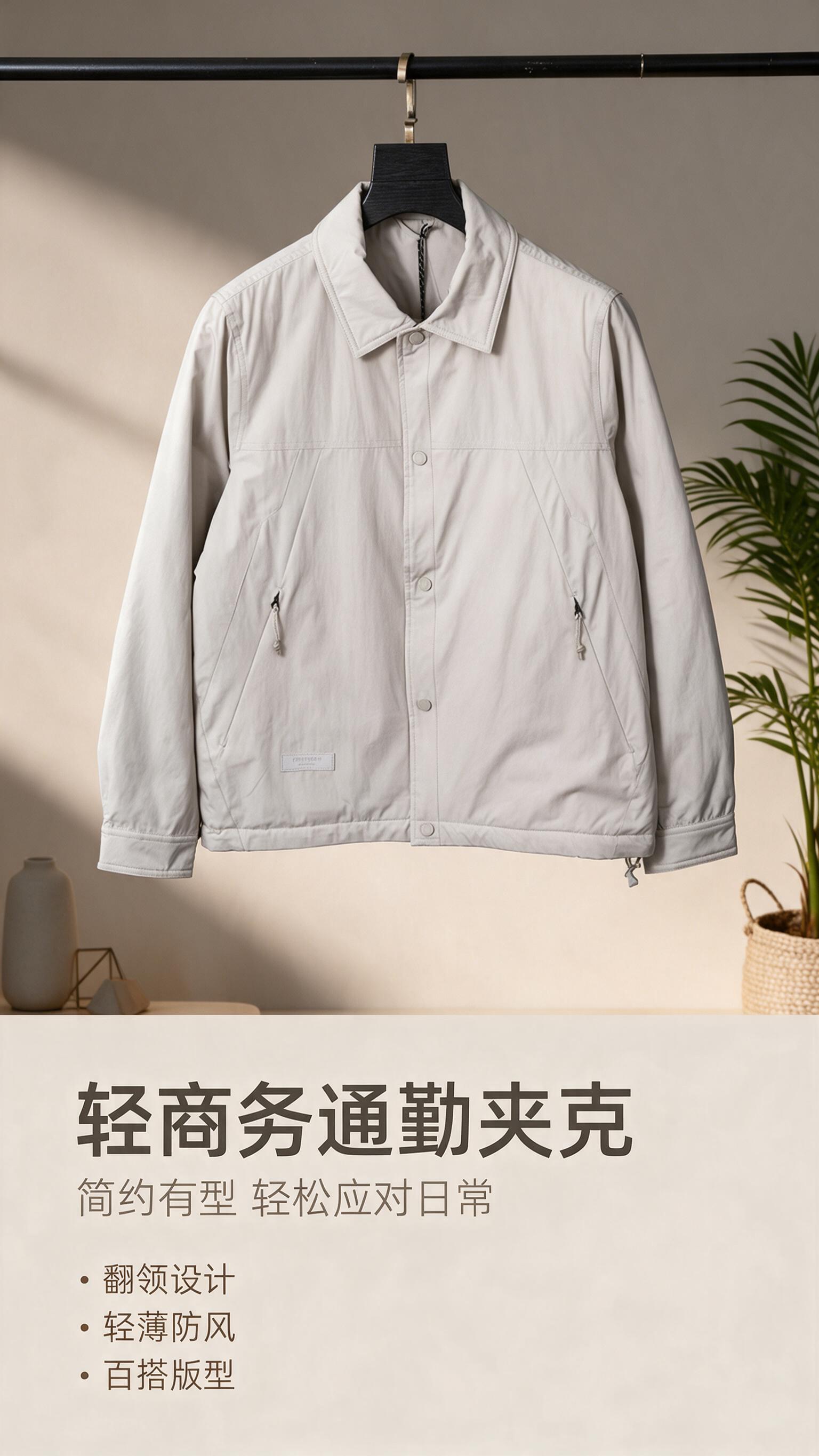 [商品] 使用【图1】浅米杏色男士翻领夹克；商品处理：保留翻领… - 图片创意预览