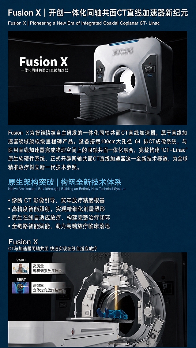 基于这张竖版海报进行修改：保持画面整体清晰度不变，保持所有内容、布局、颜色、字体、图片完全不变，**只将第一段产品介绍长文字（Fusion X为智维精准自主研发...为全球精准放疗树立新一代技术参照。）的对齐方式从左对齐改为两端对齐（justify，左右两边都整齐对齐）**。其余所有文字的左对齐方式保持不变。所有文字内容必须与原图完全一致，不能有任何错误。清晰度保持不变。